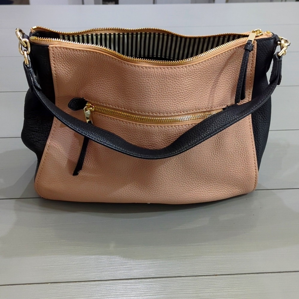 NWOT Kate Spade Nude/Black/Neutral Shoulder Hobo Handbag Striped Interior